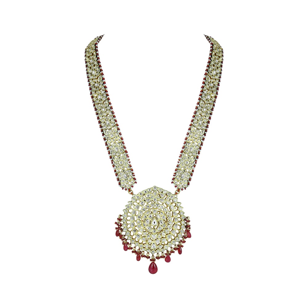 Ruby Beaded Polki Pendant with Intricate Circular Design